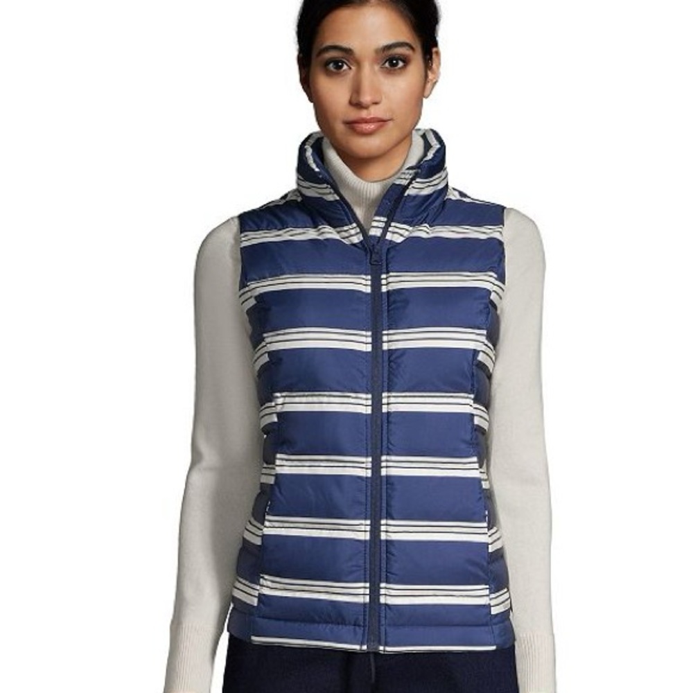 Lands' End Winter Down Puffer Vest Jacket in Navy Founders Stripe Size L Large